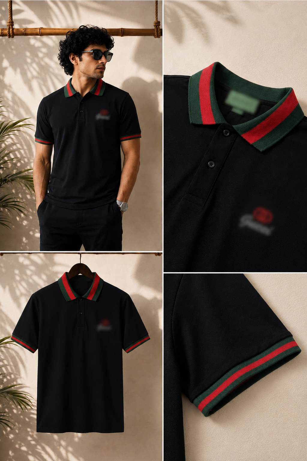 Premium black polo featuring bold green-and-red trims for a sleek, stylish look.