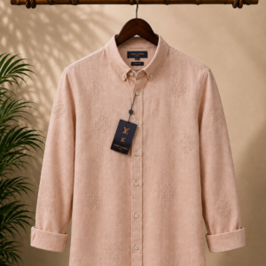 A premium men's peach embroidered blush-pink shirt