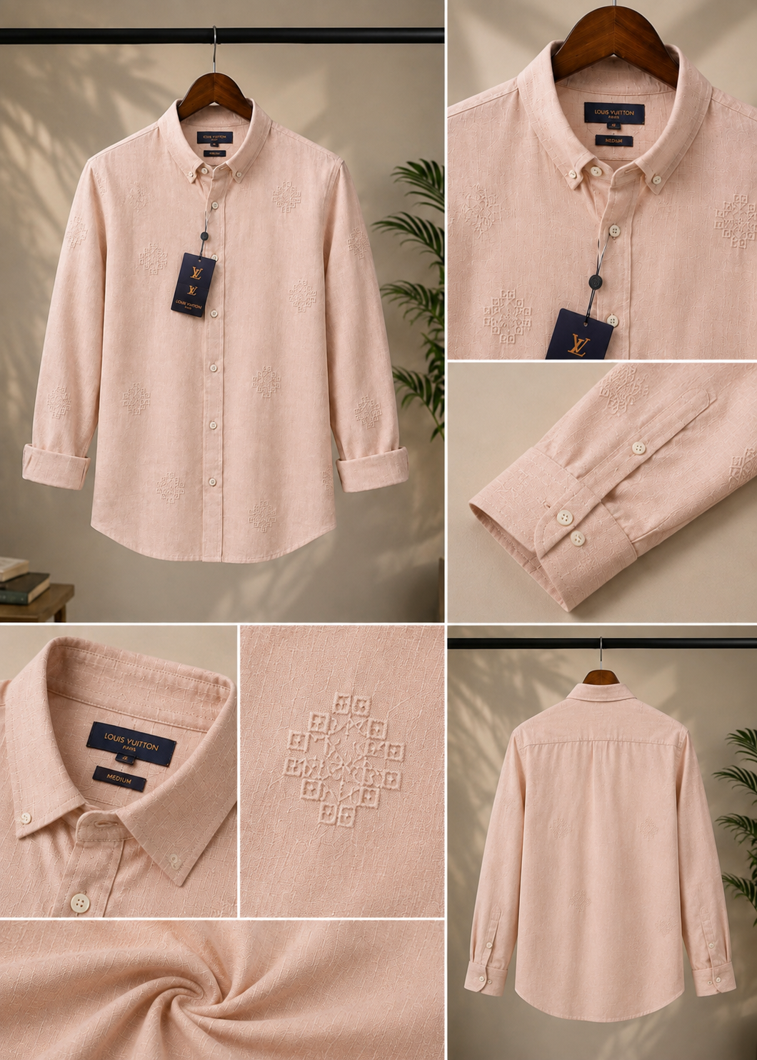 A premium men's peach embroidered blush-pink shirt
