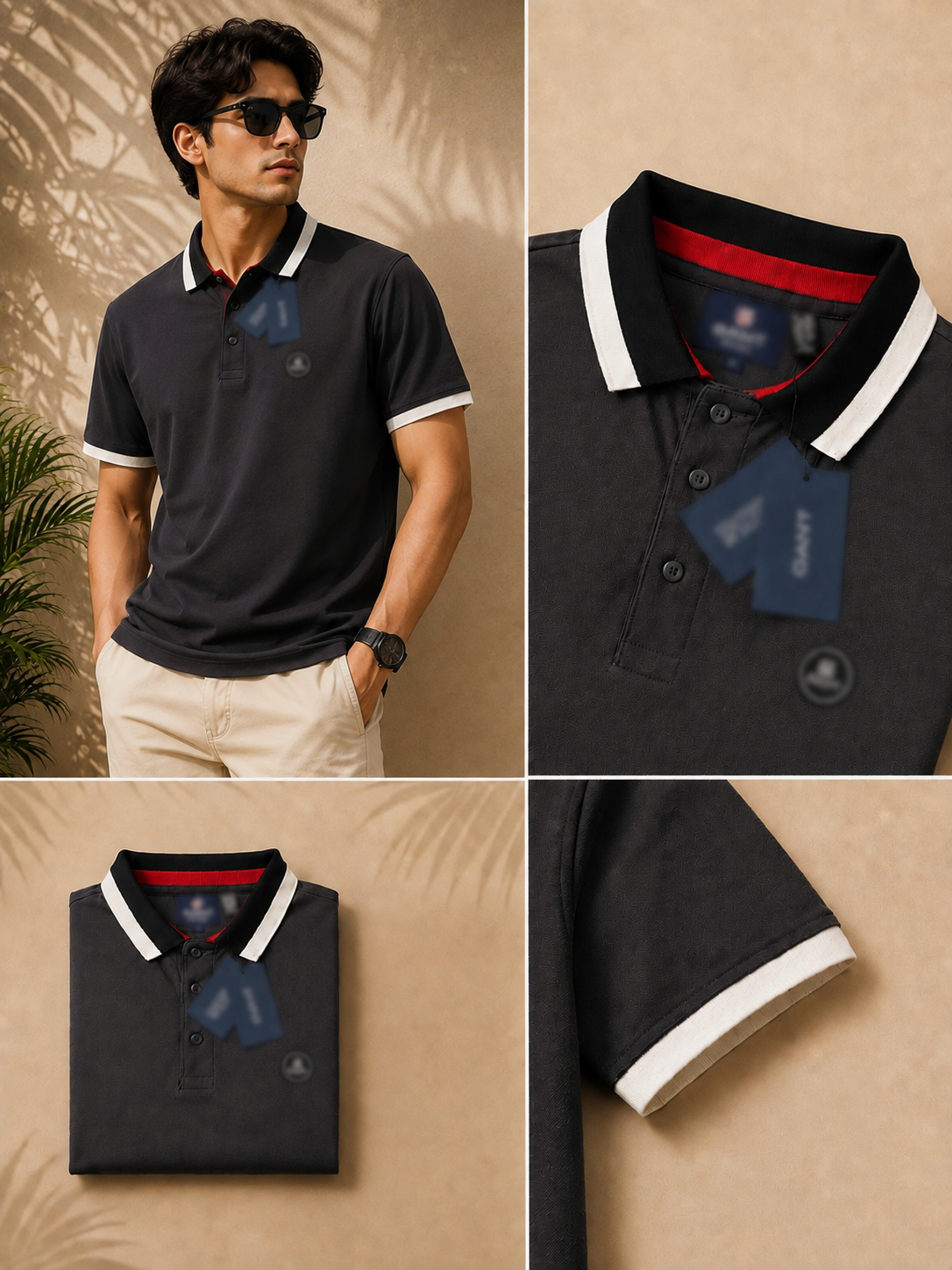 A classic grey polo T-shirt with contrasting white collar.