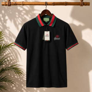 Premium black polo featuring bold green-and-red trims for a sleek, stylish look.