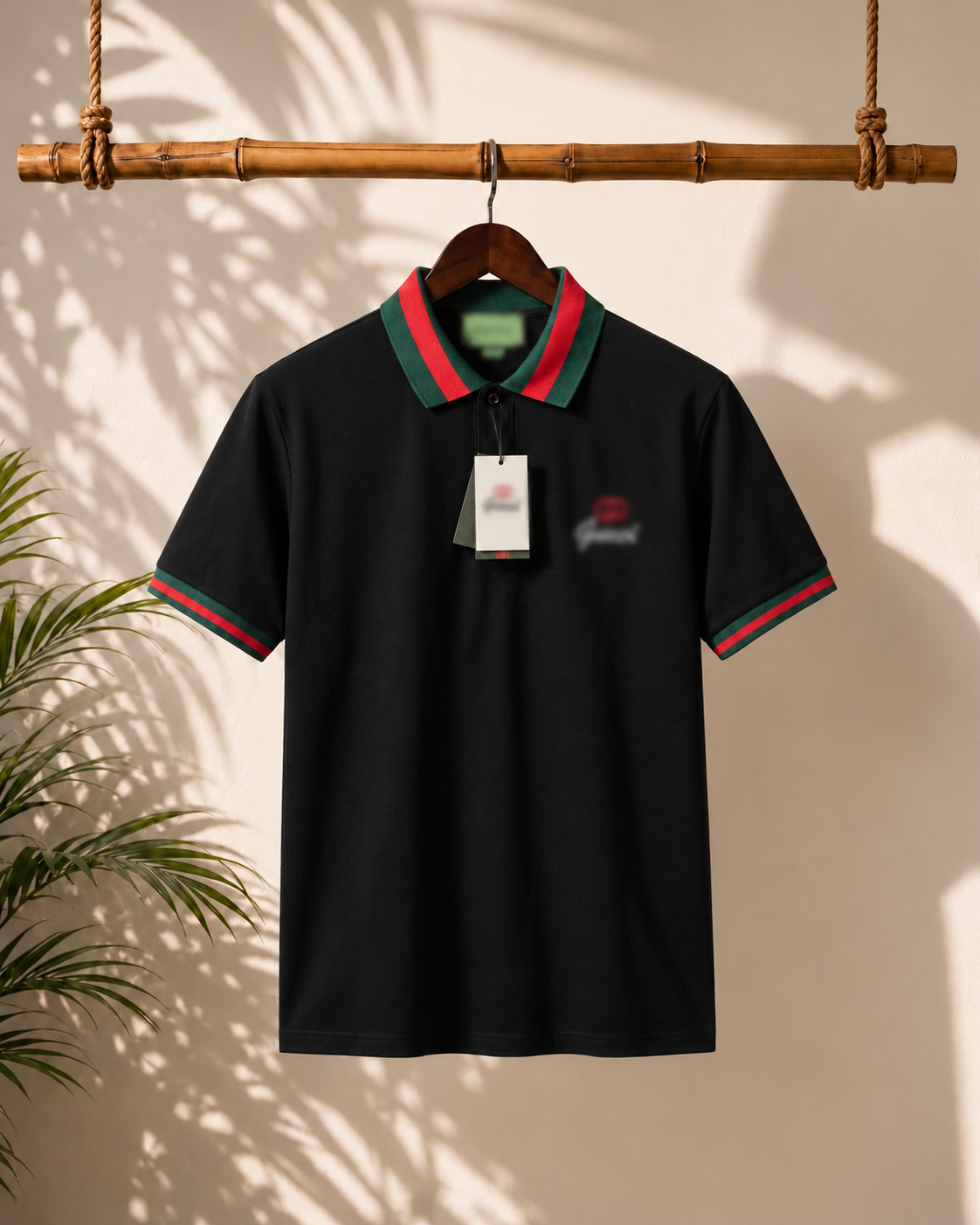 Premium black polo featuring bold green-and-red trims for a sleek, stylish look.