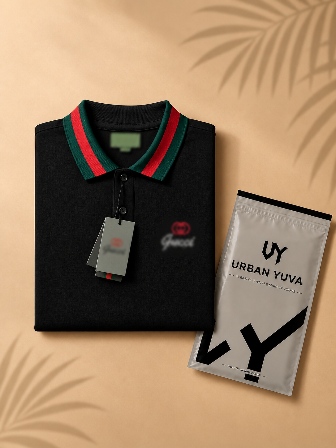 Premium black polo featuring bold green-and-red trims for a sleek, stylish look.