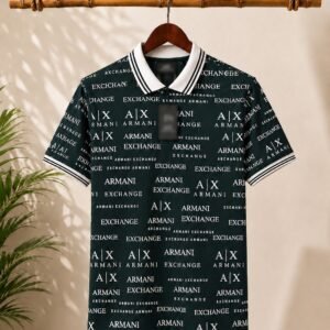 A stylish dark polo T-shirt featuring an all-over text print .