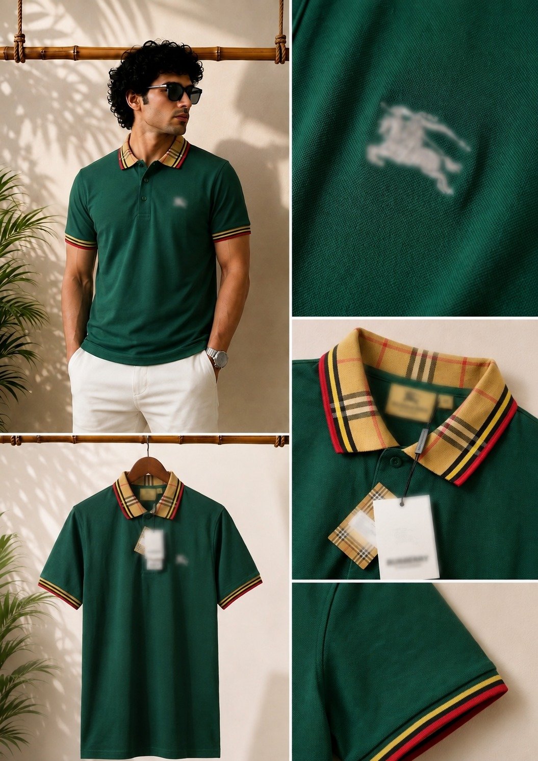 A refined dark green polo T-shirt featuring a classic striped collar and sleeve trims.