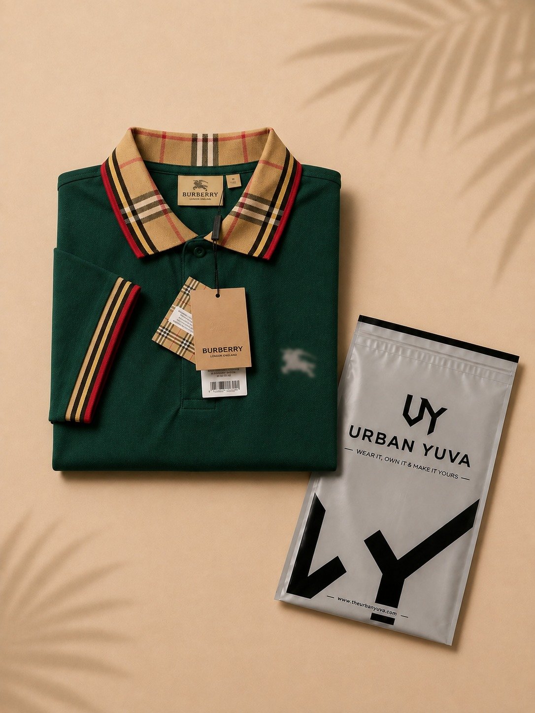 A refined dark green polo T-shirt featuring a classic striped collar and sleeve trims.