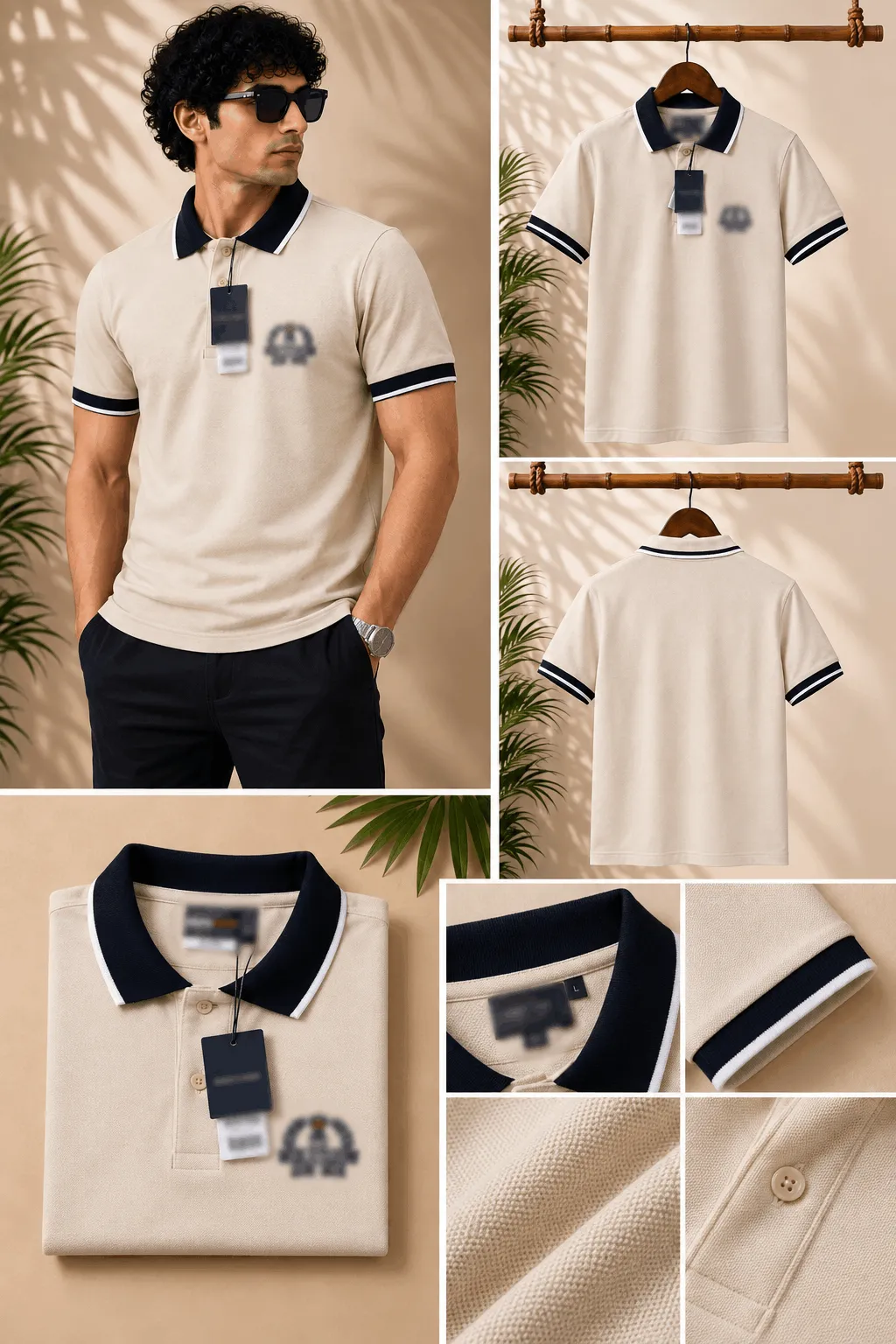 Men’s Classic Cream Polo T-Shirt with Contrast Collar
