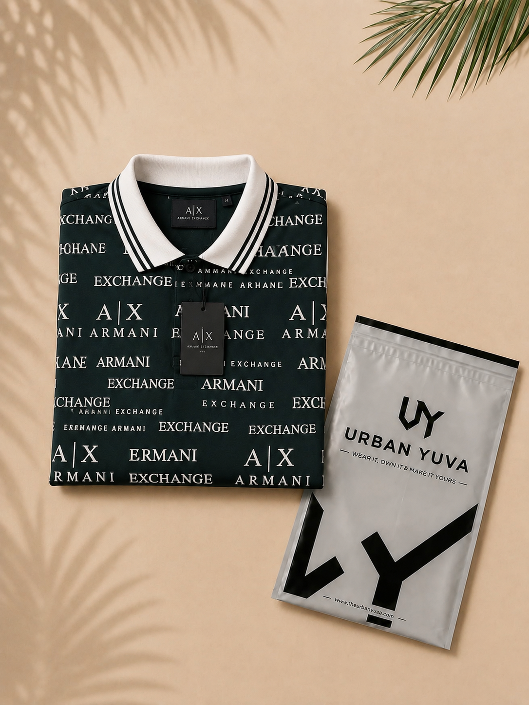 A stylish dark polo T-shirt featuring an all-over text print .