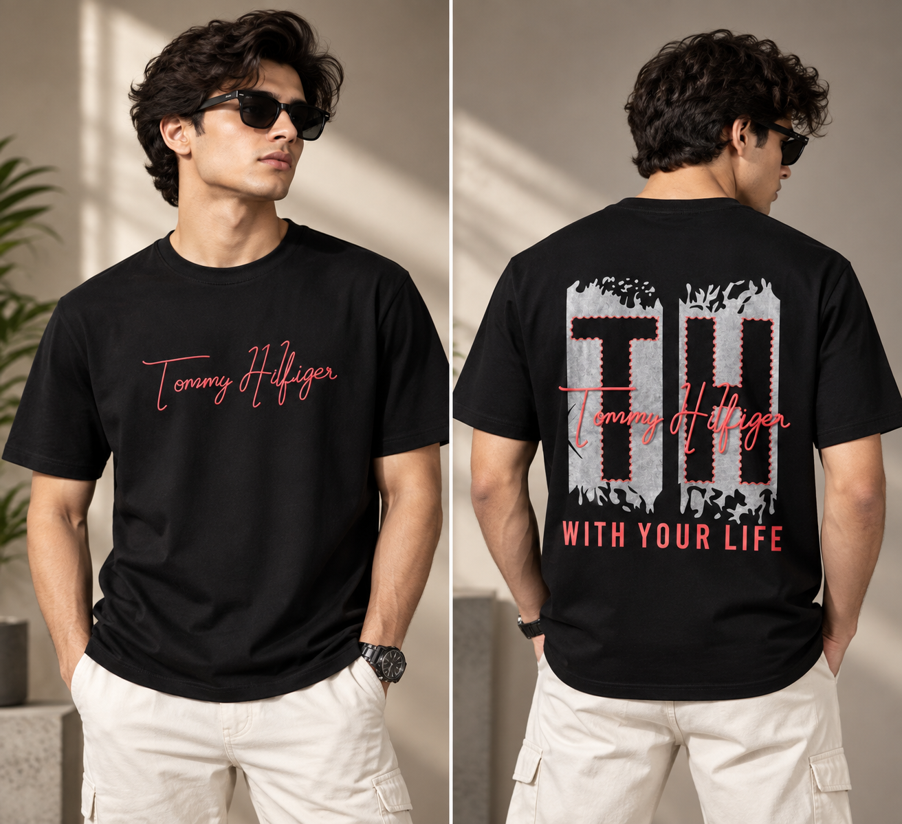 Premium black crew-neck T-shirt featuring a bold graphic print with signature-inspired detailing, perfect for a stylish streetwear look.