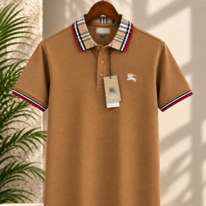 Premium camel-brown contrast collar polo t-shirt.