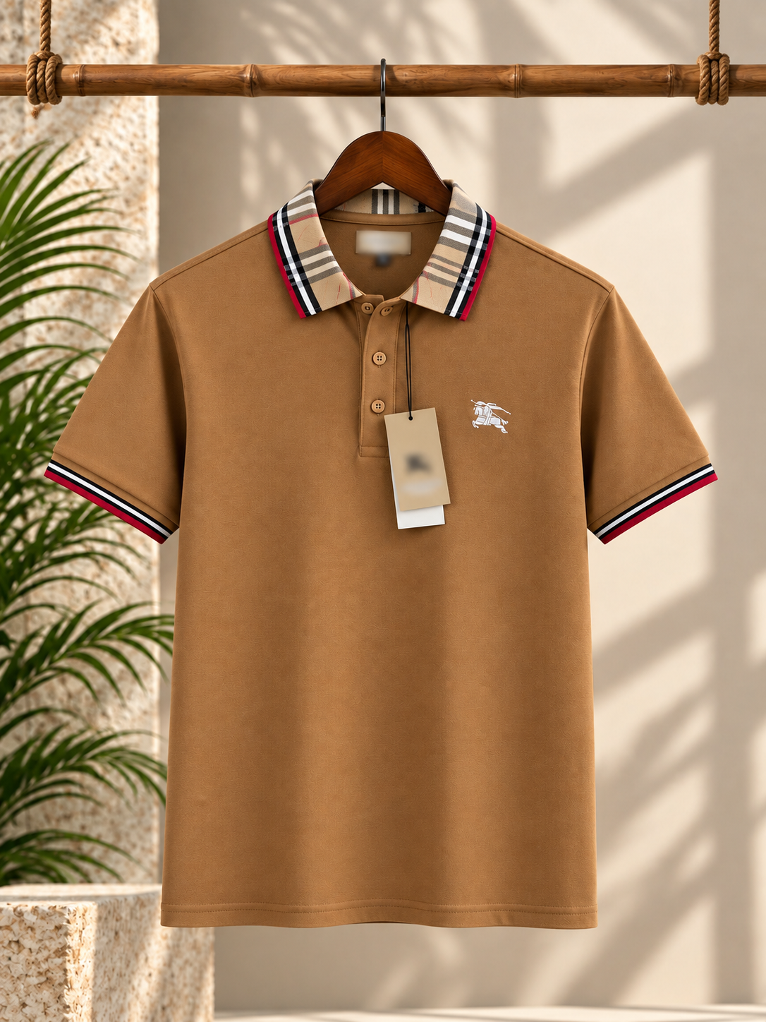 Premium camel-brown contrast collar polo t-shirt.