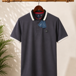 A classic grey polo T-shirt with contrasting white collar.
