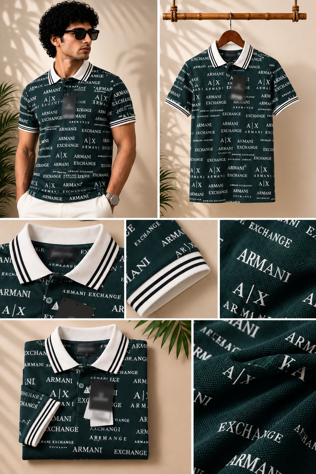 A stylish dark polo T-shirt featuring an all-over text print .