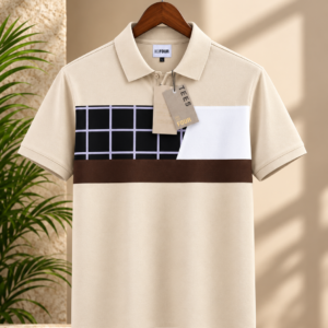 A stylish beige cream color block polo t-shirt.