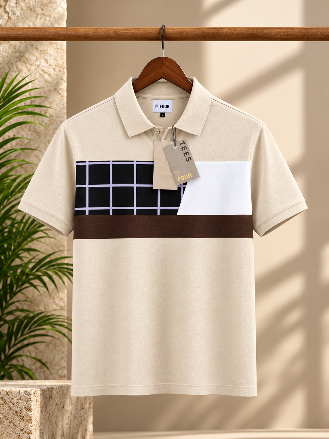 A stylish beige cream color block polo t-shirt.