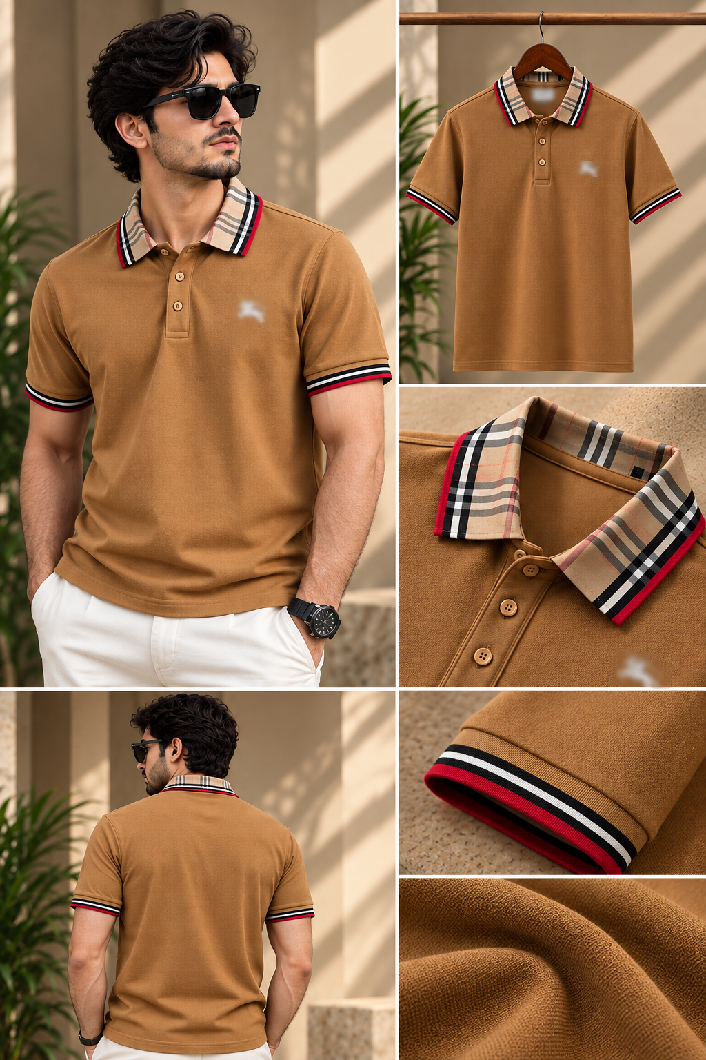 Premium camel-brown contrast collar polo t-shirt.
