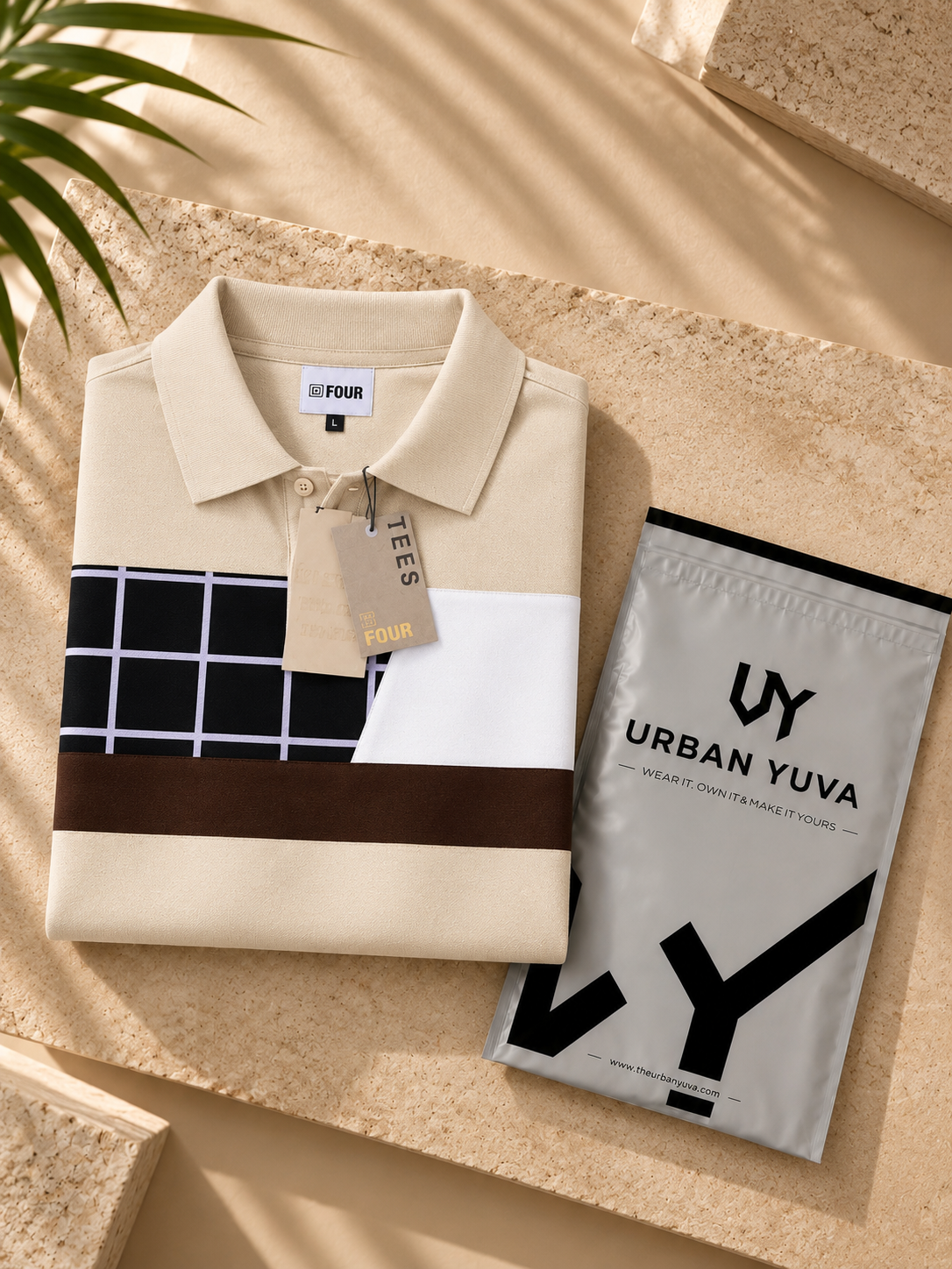 A stylish beige cream color block polo t-shirt.