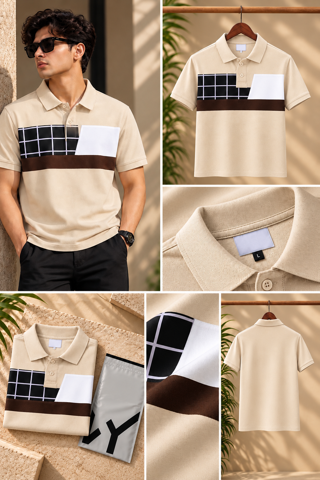 A stylish beige cream color block polo t-shirt.