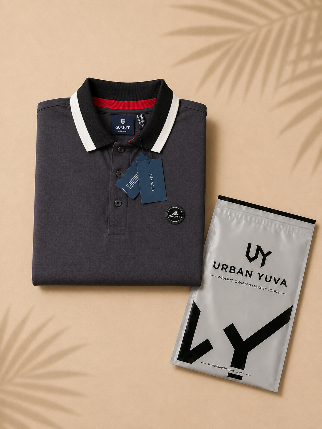A classic grey polo T-shirt with contrasting white collar.