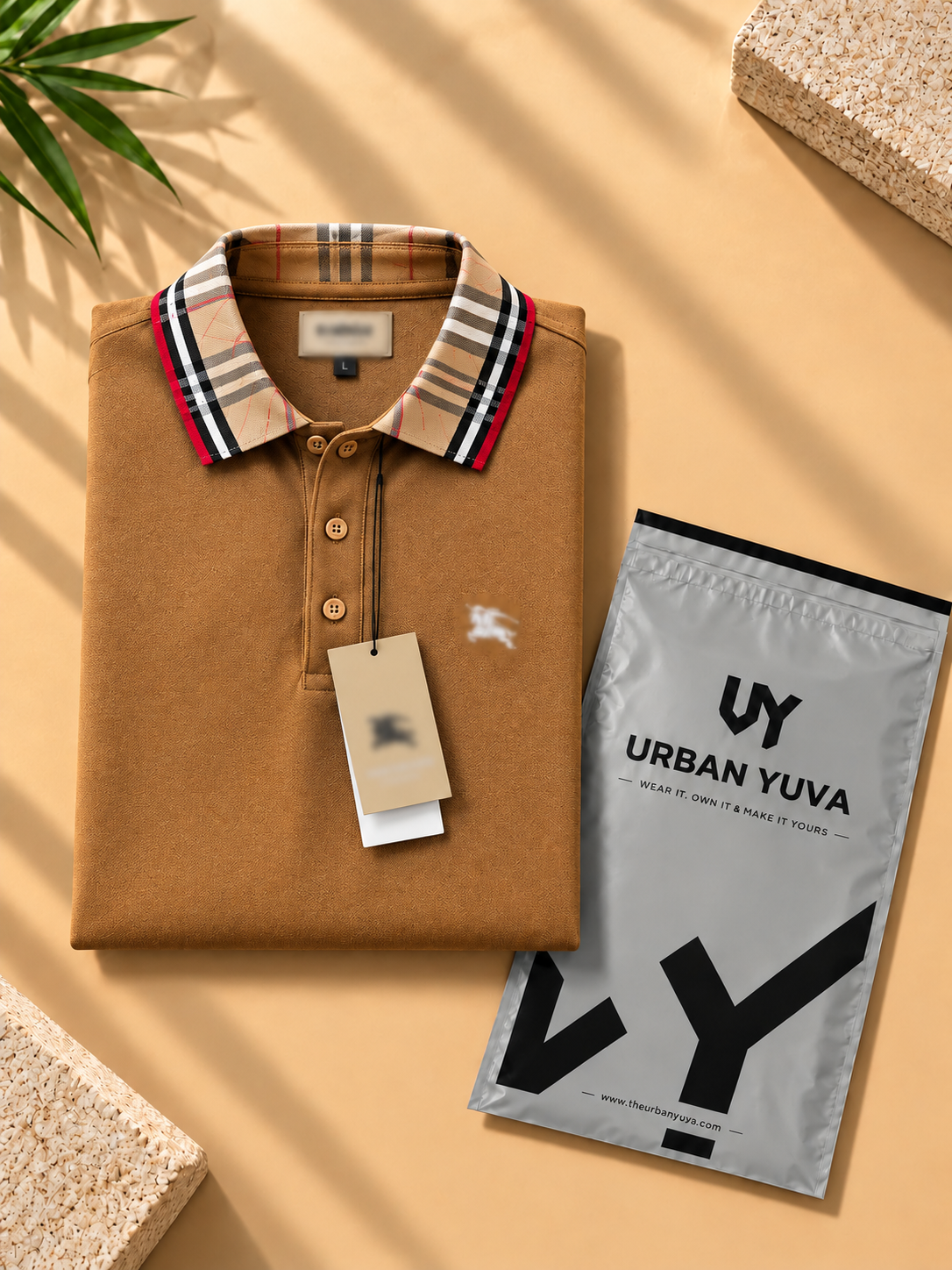 Premium camel-brown contrast collar polo t-shirt.