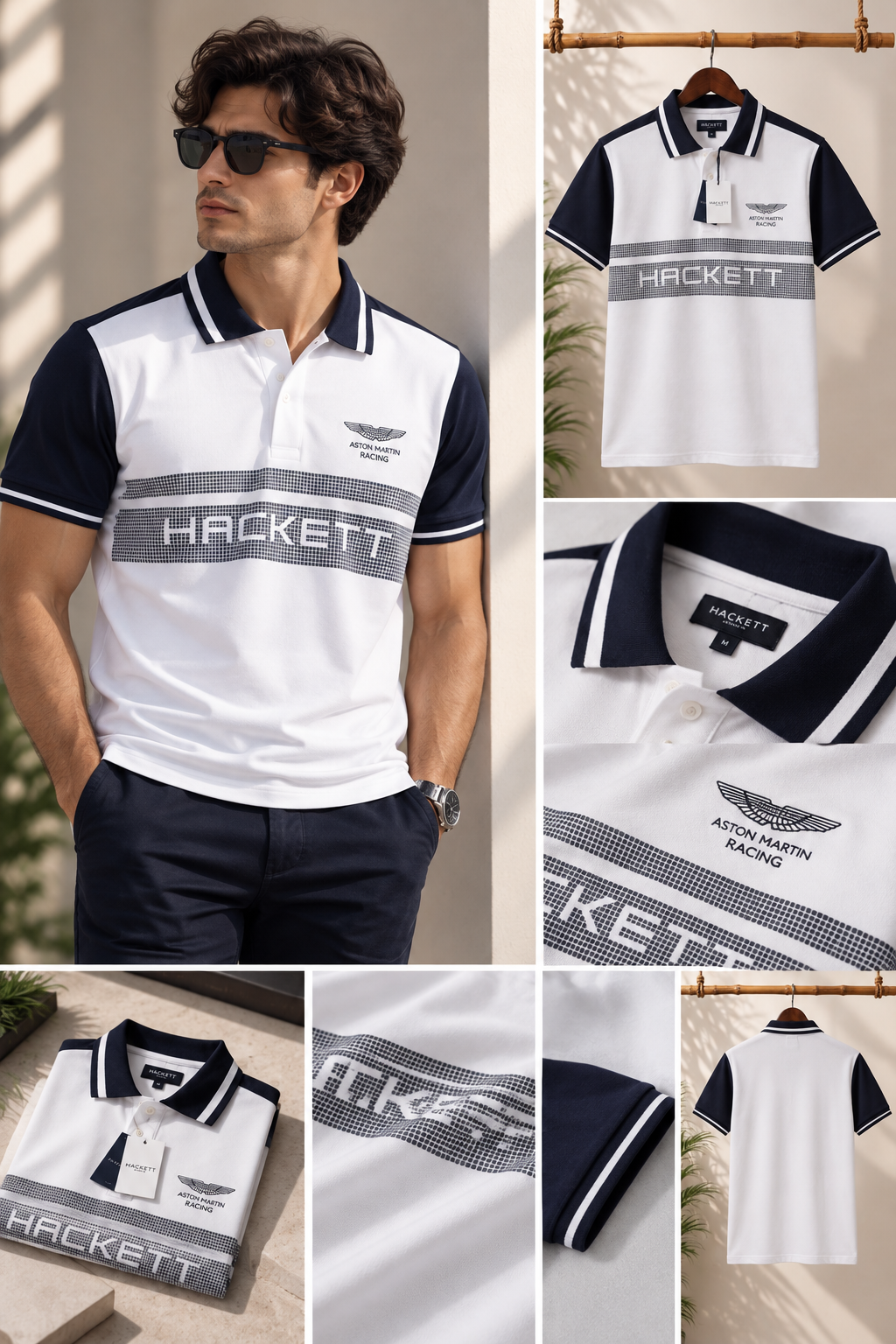 A premium white polo T-shirt featuring navy contrast sleeves .